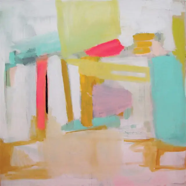 Abstract painting with blocks of color including lime green, hot pink, turquoise, yellow, and white, with visible brushstrokes and layered textures.