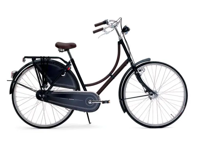 Black Dutch-style bicycle with brown leather seat and handlebars, a rear rack, and a chain guard.
