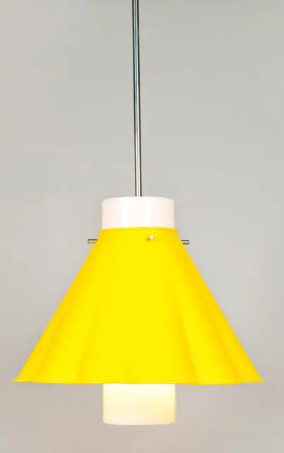 Yellow cone-shaped pendant light with white cylindrical accents and a silver hanging rod against a gray background