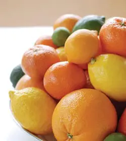 Close-up of a silver bowl filled with assorted citrus fruits including oranges, lemons, limes, and tangerines.