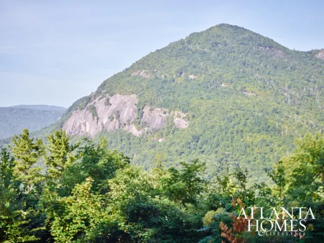 A large, tree-covered mountain with a sheer rock face dominates the background under a clear blue sky. Lush green trees fill the foreground.