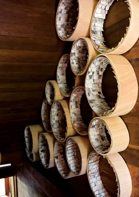 Wall-mounted circular shelving units with light wood exteriors and birch bark interiors.
