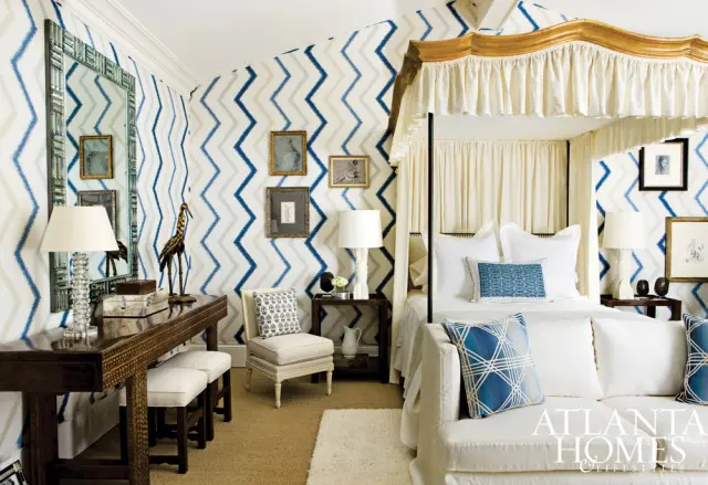 Bedroom with a four-poster bed, white sofa, and walls covered in blue and white chevron wallpaper. A dark wood console table with stools sits opposite the bed.