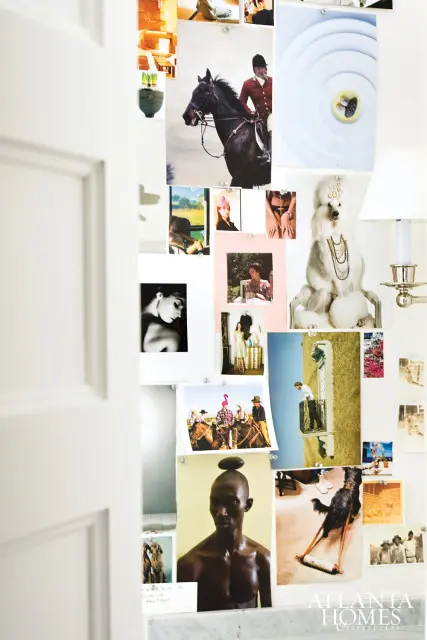 Collage of images pinned to a wall, including a man on horseback, a poodle, and a portrait of a man with a stone on his head. The Atlanta Homes & Lifestyles logo is visible in the bottom right corner.
