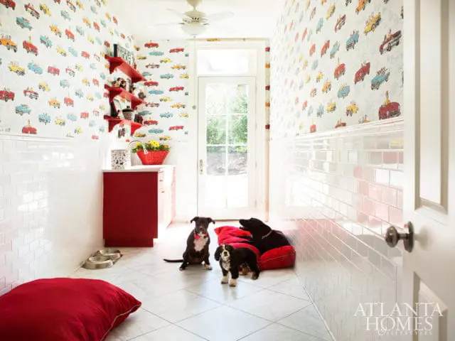 Bright room with white subway tile wainscoting and wallpaper featuring colorful vintage cars. Three dogs lounge on red dog beds.
