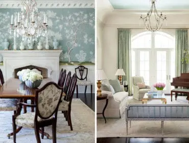 Formal dining room with chinoiserie wallpaper and crystal chandelier, adjacent to a living room with a grand piano, plush seating, and French doors.