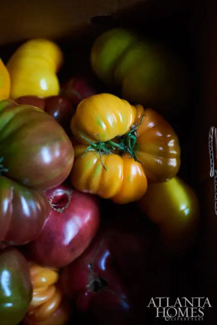Close-up of heirloom tomatoes in shades of yellow, red, and green, with a logo for Atlanta Homes & Lifestyles in the lower right corner.