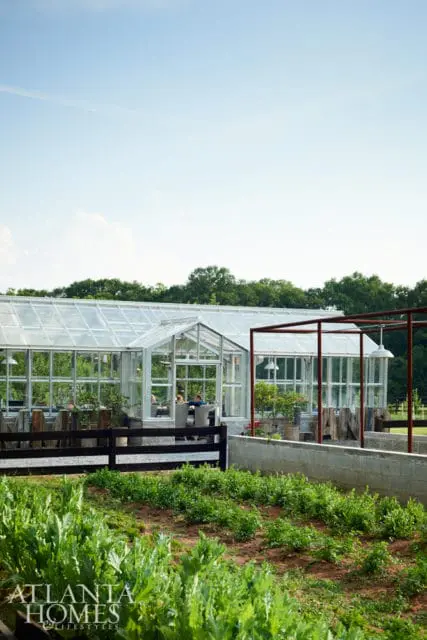 Glass greenhouse with metal frame, featuring seating inside, set against a backdrop of trees under a bright sky. A garden bed is in the foreground.