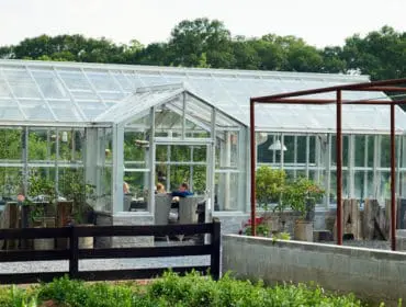 Glass greenhouse with white trim and pitched roof, set in a lush green landscape with trees in the background. People are seated inside at tables.