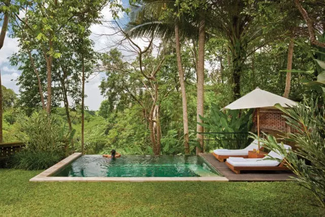 Infinity pool surrounded by lush green trees and grass, with two lounge chairs and an umbrella on a wooden deck.