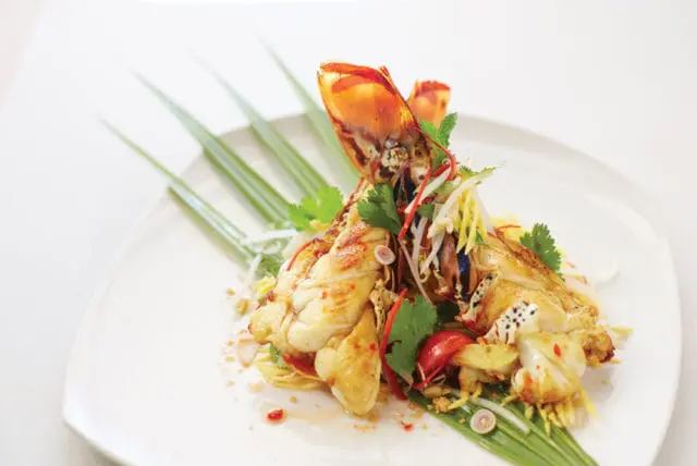 Close-up of a grilled lobster tail salad with shredded mango, bean sprouts, cilantro, and chili on a white plate, garnished with long green leaves.