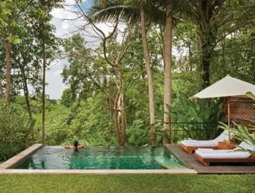 Infinity pool surrounded by lush green grass and dense tropical foliage, with two lounge chairs under a white umbrella and a person swimming in the pool.