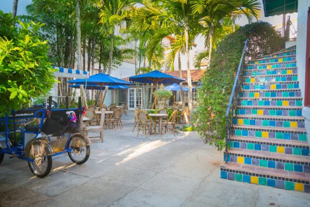 Courtyard with outdoor seating, blue umbrellas, palm trees, and a colorful tiled staircase.
