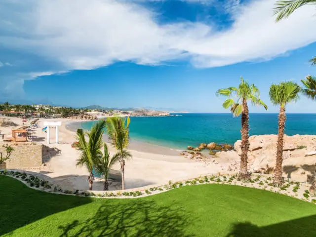 Lush green lawn in foreground overlooking a sandy beach, turquoise ocean, and rocky coastline with palm trees under a blue sky with white clouds.