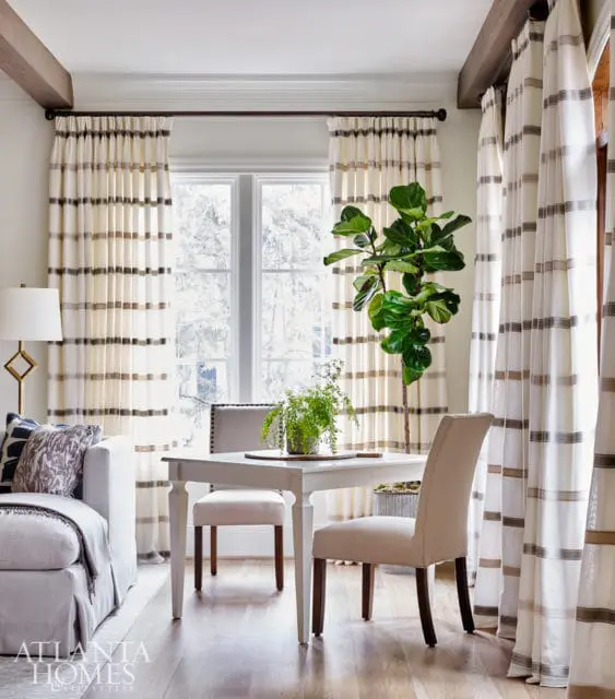 Living area with a white table and chairs, a sofa, and striped curtains. A fiddle leaf fig plant sits near the window.