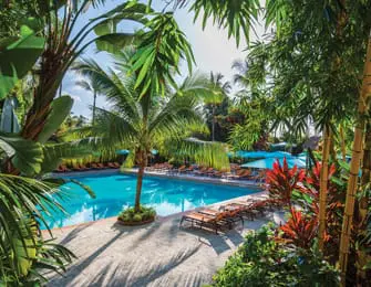 Tropical swimming pool surrounded by lush palm trees, bamboo, and vibrant red foliage. Lounge chairs are visible around the pool and under umbrellas.