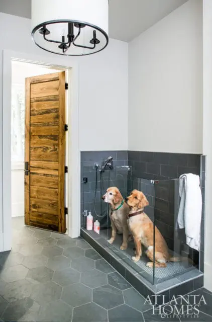 Modern dog grooming station with glass enclosure, dark gray tile walls, and shower fixtures, next to a rustic wooden door. Two golden retrievers sit inside the enclosure. Hexagonal slate tile flooring.