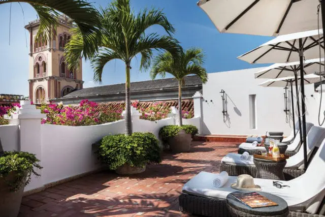 Rooftop solarium with white lounge chairs, umbrellas, palm trees, and flowering bushes, overlooking a historic building.