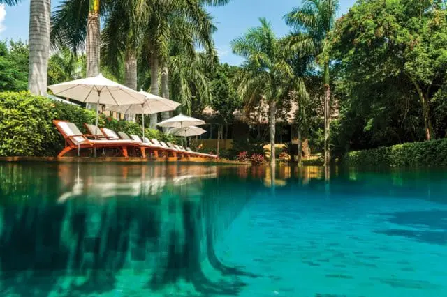 Infinity pool with turquoise water surrounded by lush green foliage, palm trees, and a row of lounge chairs with white umbrellas.
