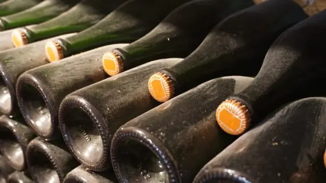 Rows of dusty, dark glass wine bottles with orange caps, stacked in a cellar.