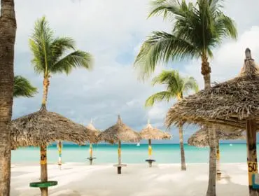 Beach with white sand, turquoise water, palm trees, and thatched umbrellas. Cloudy sky overhead.