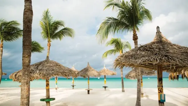 Beach with white sand, turquoise water, palm trees, and thatched umbrellas. Cloudy sky overhead.