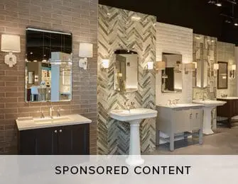 Three bathroom vanity displays featuring various tile backsplashes, sinks, mirrors, and lighting fixtures.