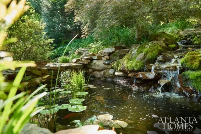Pond with lily pads and koi fish, surrounded by moss-covered rocks and a small waterfall, with lush greenery and trees in the background.