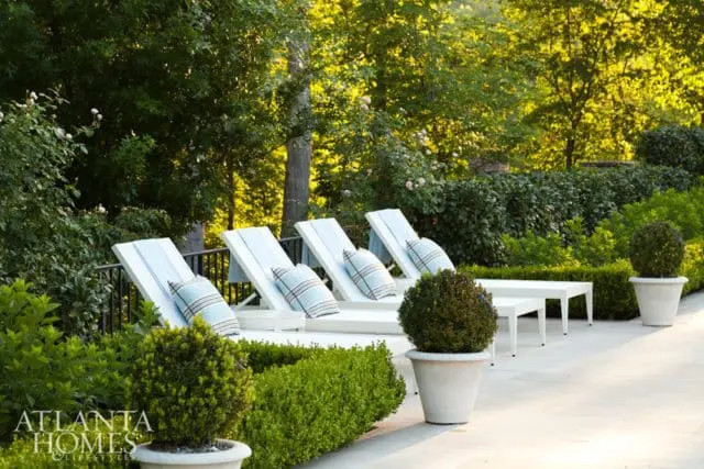 White lounge chairs with blue striped cushions sit on a stone patio surrounded by manicured hedges and potted boxwood trees.