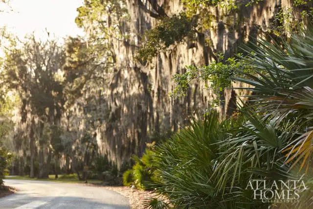 Asphalt road curves through a landscape lined with palm trees and live oak trees draped in Spanish moss, with a subtle Atlanta Homes & Lifestyles logo in the lower right corner.