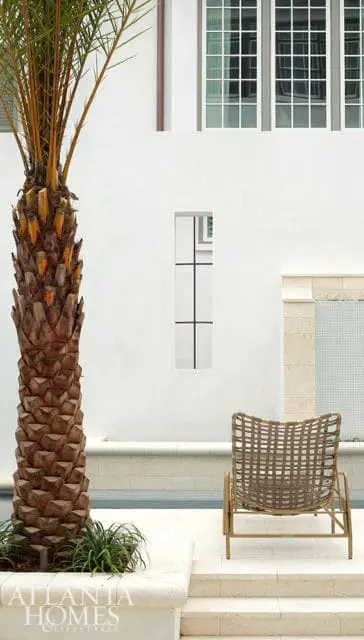 Modern exterior with white stucco walls, large grid windows, a tall palm tree, and a woven lounge chair next to a tiled water feature.