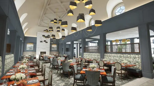 Dining room with blue walls, vaulted ceiling, and multiple black pendant lights. Tables are set with white linens and floral centerpieces.