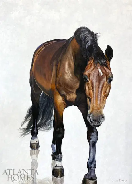 Painting of a brown horse with a white blaze on its forehead.