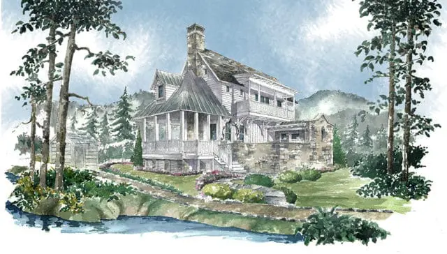 Watercolor rendering of a white clapboard house with multiple porches, stone foundation, and a prominent chimney, set amidst trees and rolling hills.