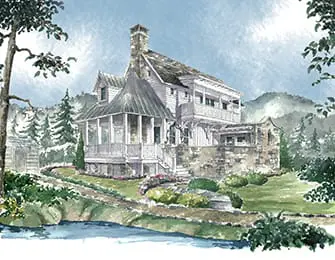 Watercolor illustration of a white clapboard house with a screened porch, stone foundation, and balconies, set against a backdrop of rolling hills and trees.