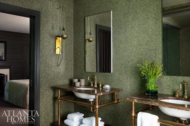 green penny tile bathroom vanity