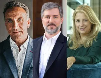 Triptych portrait of three individuals: a man with short gray hair and blue eyes wearing a patterned shirt and blazer; a man with graying hair and beard wearing a white shirt and navy blazer; and a woman with blonde hair wearing a dark green top.