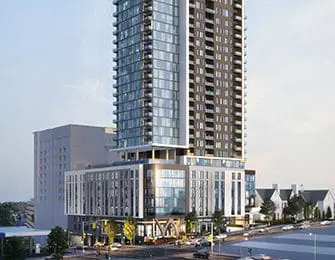 Rendering of a modern high-rise apartment building with glass and dark paneling, featuring a multi-story podium base and street-level activity.