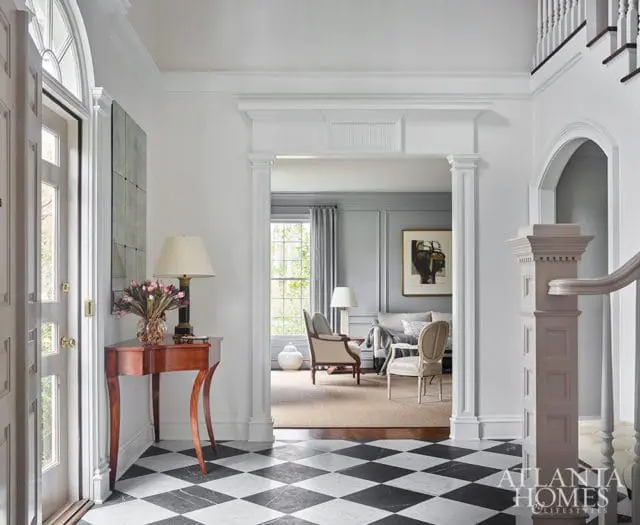 black and white marble tile formal foyer