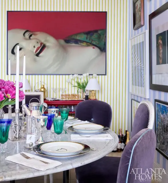 modern dining room with colored glassware