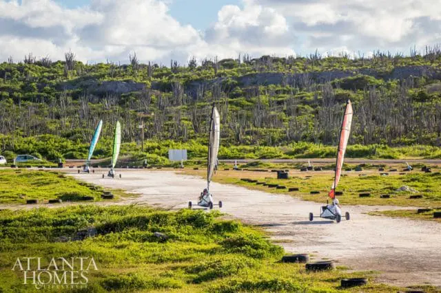 Four land sailing carts with colorful sails on a dirt track with green grassy areas and a cactus-covered hillside in the background.