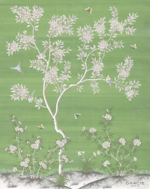 Gracie wallpaper with a white tree, white flowers, birds, and butterflies on a green background.
