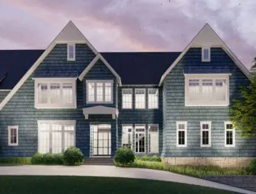 Blue shingle-sided house with white trim windows and dark roof at dusk