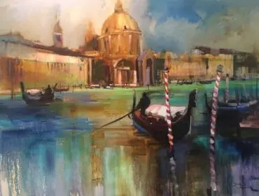 Oil painting of Venice canal with gondolas and domed buildings
