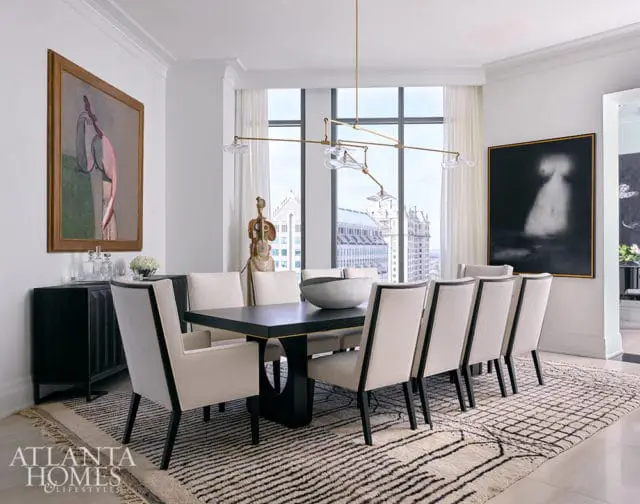 Dining room with black table, upholstered chairs, abstract art, and cityscape view.
