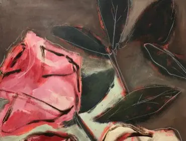 Abstract painting of pink roses with dark green leaves and brown background.