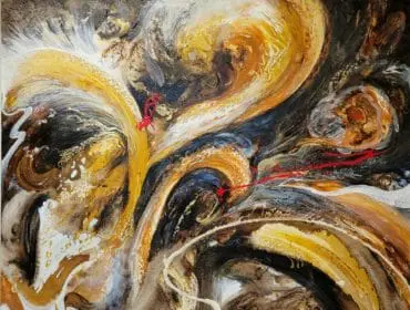 Abstract painting with swirling textures in gold, brown, black, white, and red accents.