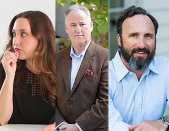 Three headshots of individuals: a woman with long brown hair, a man in a brown suit, and a man with