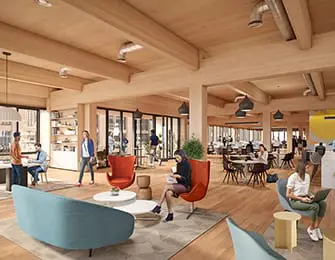 Modern office interior with wood beams, natural light, and lounge seating areas.