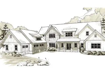 Sketch of a large house with stone and wood siding, multiple gables, and a detached garage.